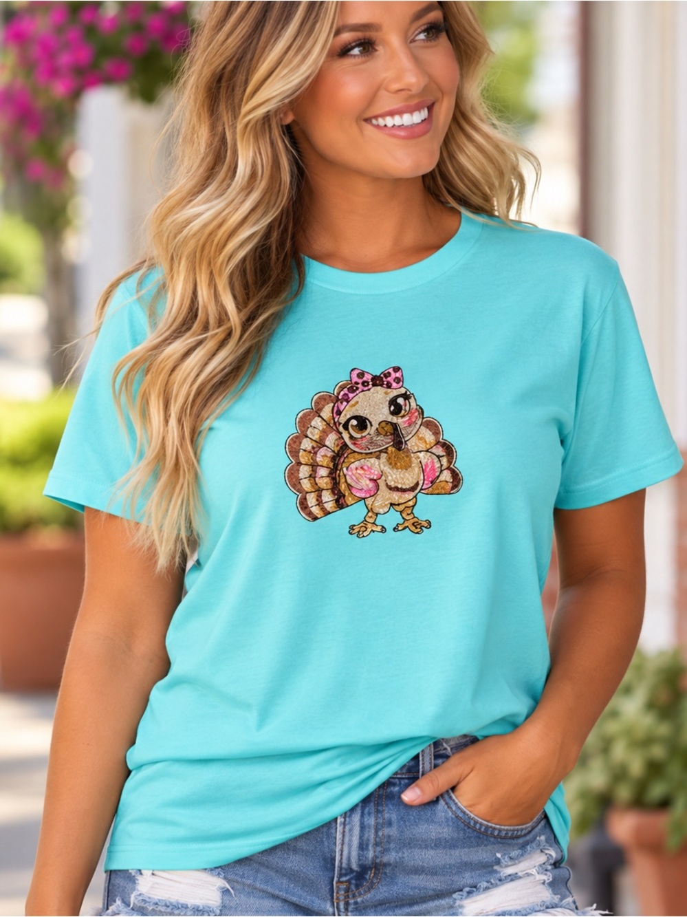 Comfort Colors Turquoise Graphic Turkey Tee with Pink Accents